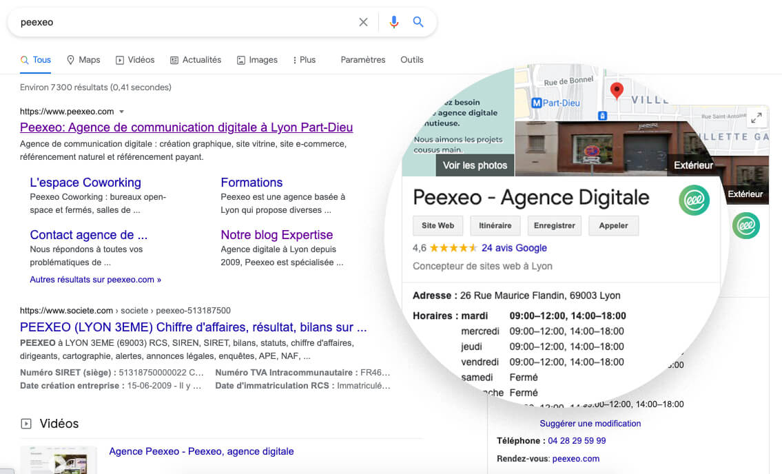 Recherche de Peexeo résultat Google My Business