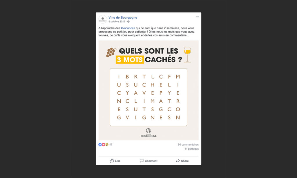Aperçu d'un post Facebook jeu