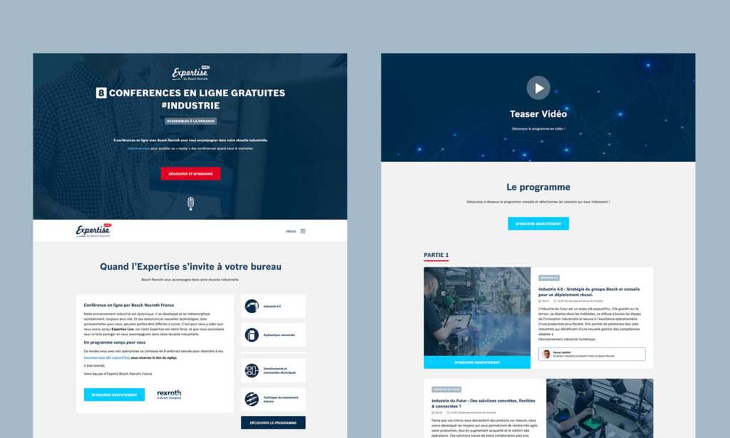 Vues d'une landing page Expertise Live