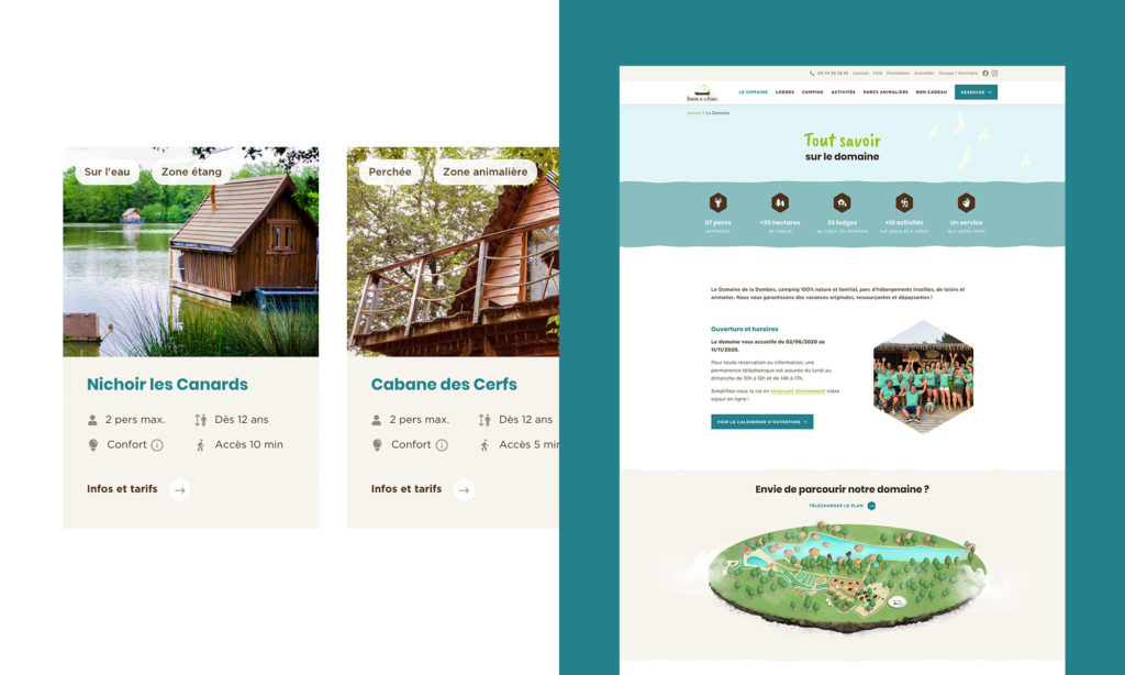 Aperçu des cartes lodges et de la page Le Domaine - Site Domaine de la Dombes