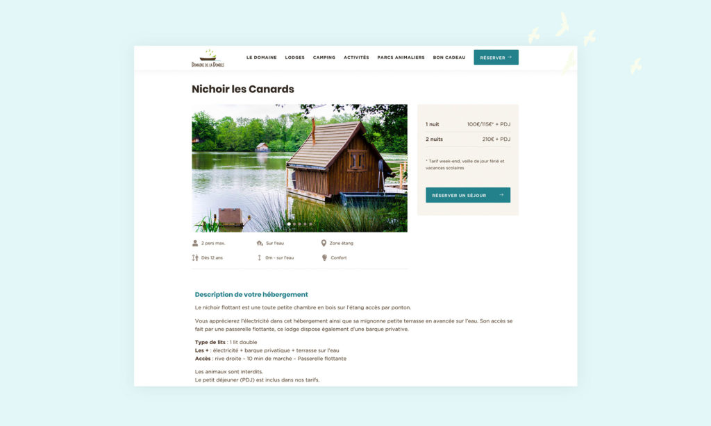 Zoom sur une page lodge site Domaine de la Dombes