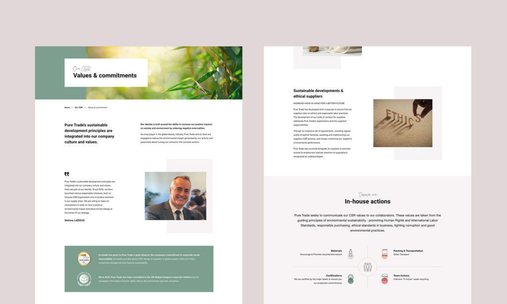 Vues du site Pure Trade page Values & commitments