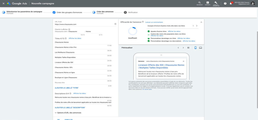 création d'une annonce google ads