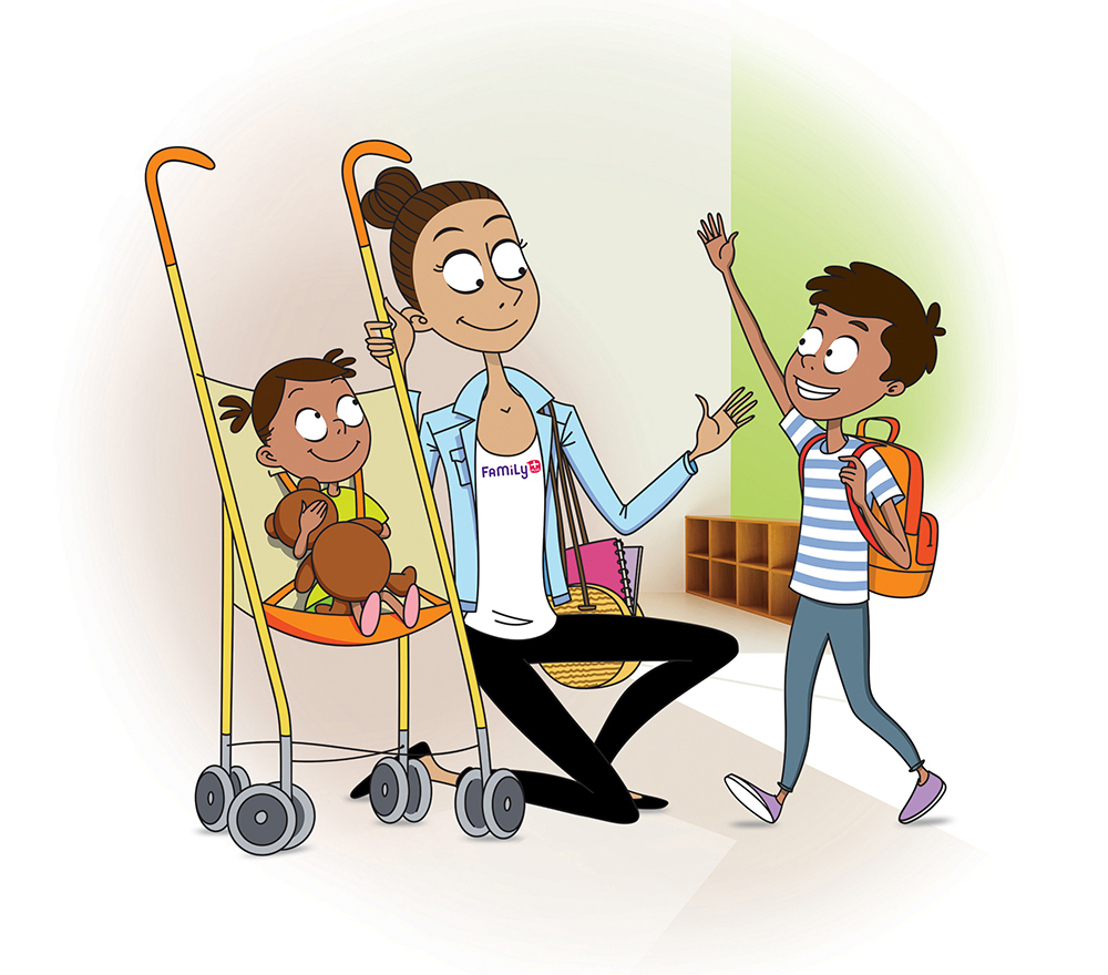 dessins d'une nounou qui garde deux enfants en bas âge