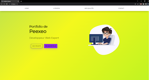 page html accompagné d'un fichier css permettant de styliser la page avec un fond jaune et un développeur en image